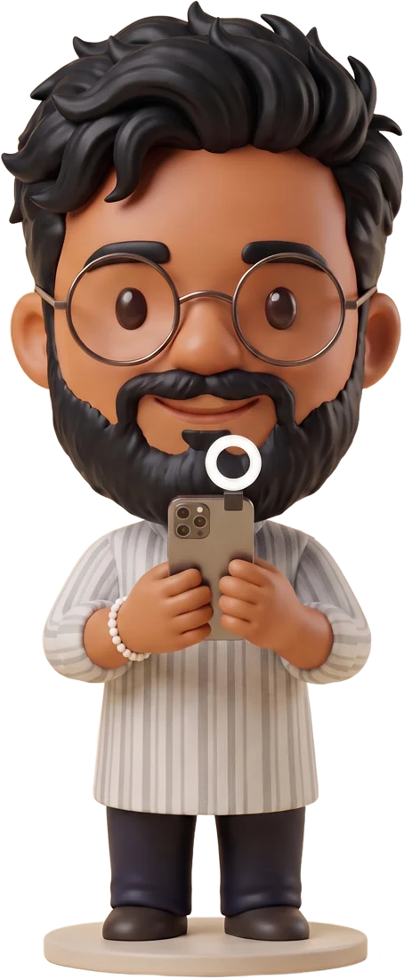 Cartoon figurine of Anmol filming a reel
