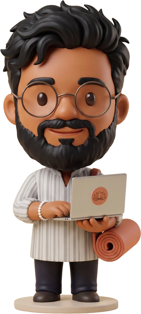 Cartoon figurine of Anmol holding a laptop and a yoga mat