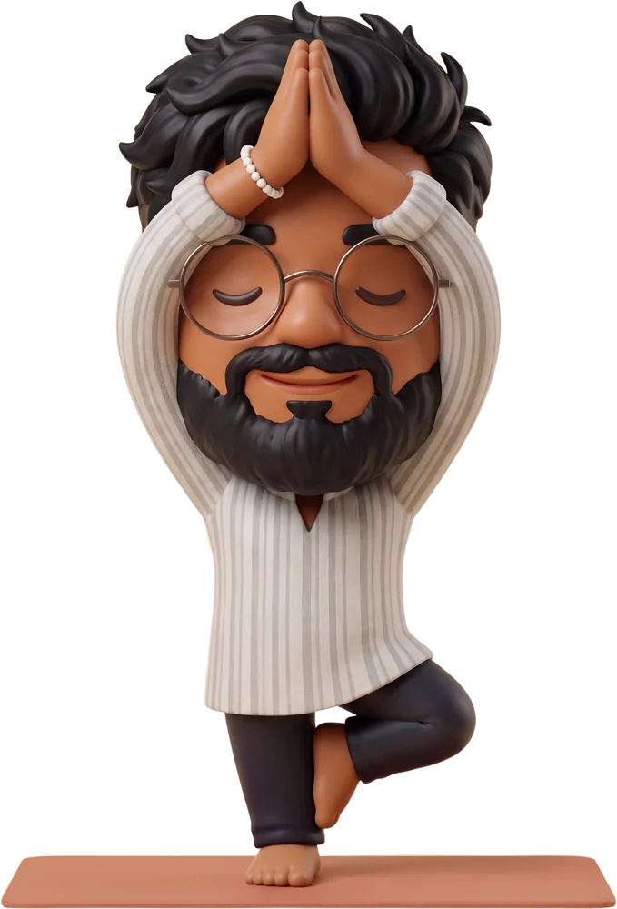 Cartoon figurine of Anmol in tree pose