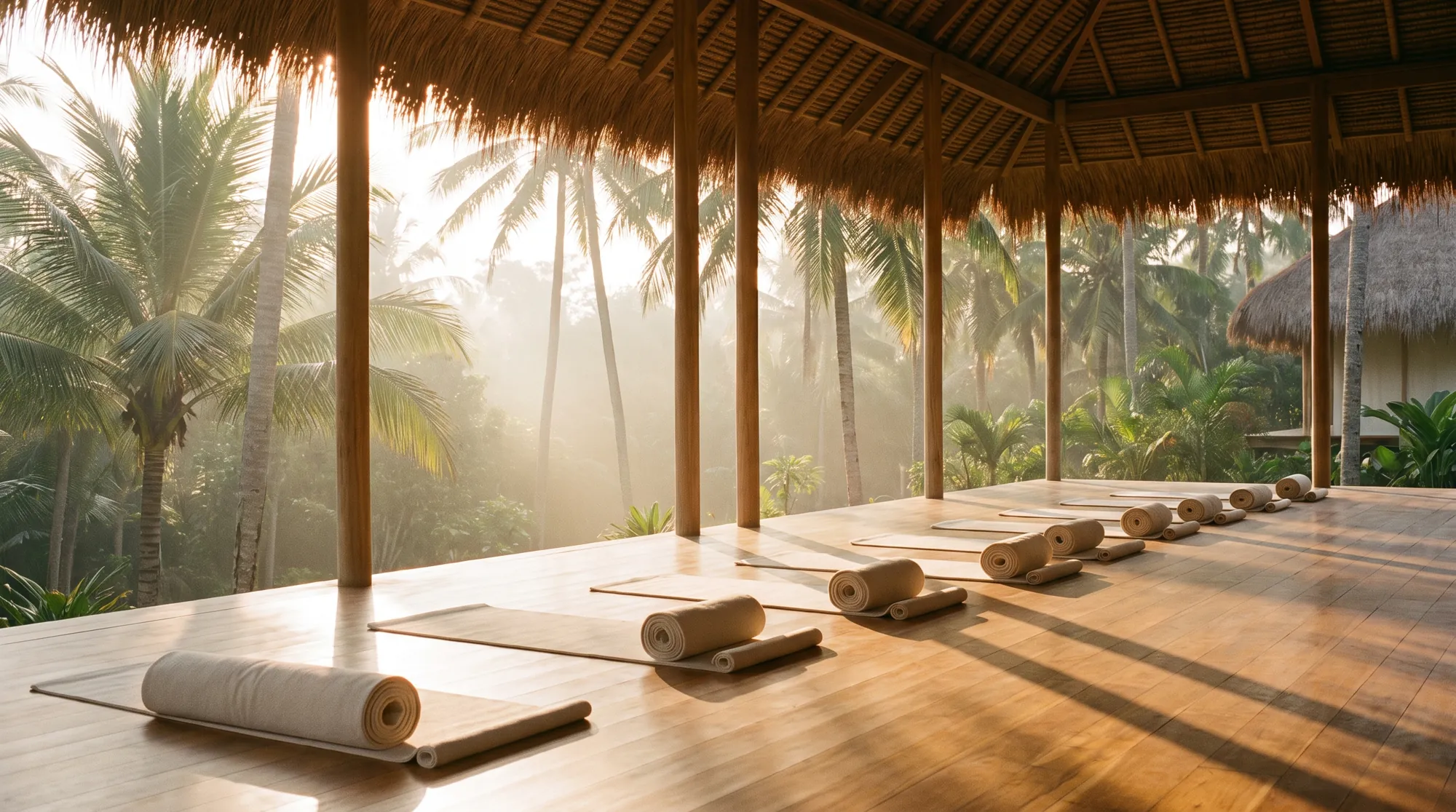 An empty open-air yoga shala at sunrise